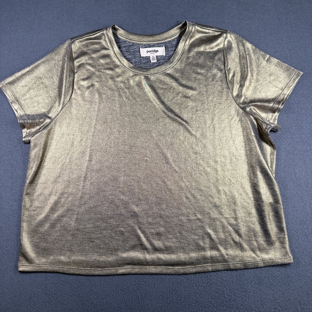 Porridge‎ Anthropologie Womens XL Gold Tone Round Neck Short Sleeve Top Metallic